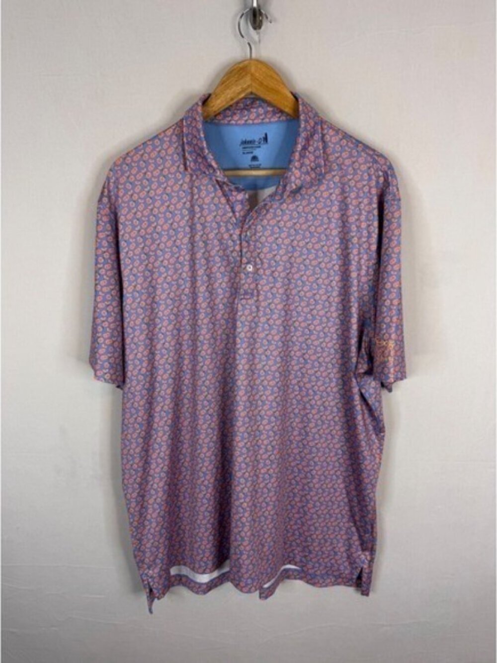 Johnnie-O Mens XL Performance Polo Shirt Blue Orange Citrus Print UPF 50 Golf